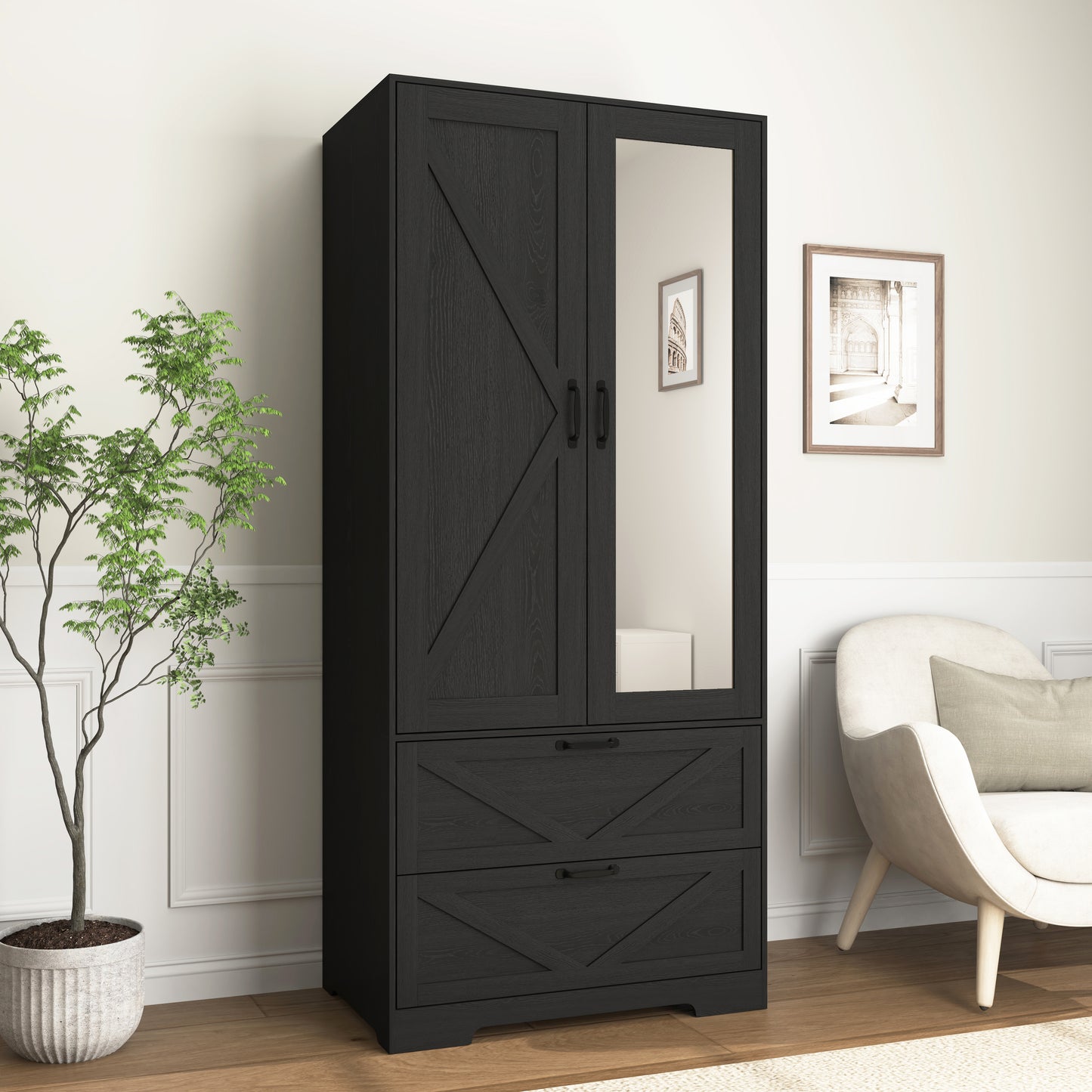 2 Door Wood Wardrobe For Bedroom With Hanging Clothing Rod Inside The Cabinet And 2 Drawers For Storage Organization, Built-in Induction Light Multifunctional Closet With Mirror, Black