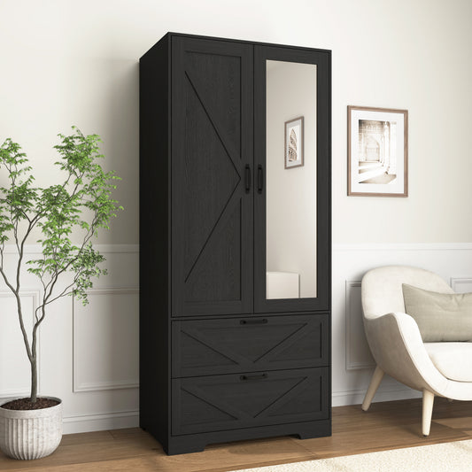 2 Door Wood Wardrobe For Bedroom With Hanging Clothing Rod Inside The Cabinet And 2 Drawers For Storage Organization, Built-in Induction Light Multifunctional Closet With Mirror, Black