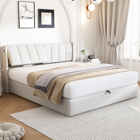 Binaural LED Upholstered Bed 140 X 190 Cm, Hydraulic Bed, Rechargeable USB Port In The Bed, With LED Lighting, With Storage Space, Adjustable Headboard, PU Pebble, White