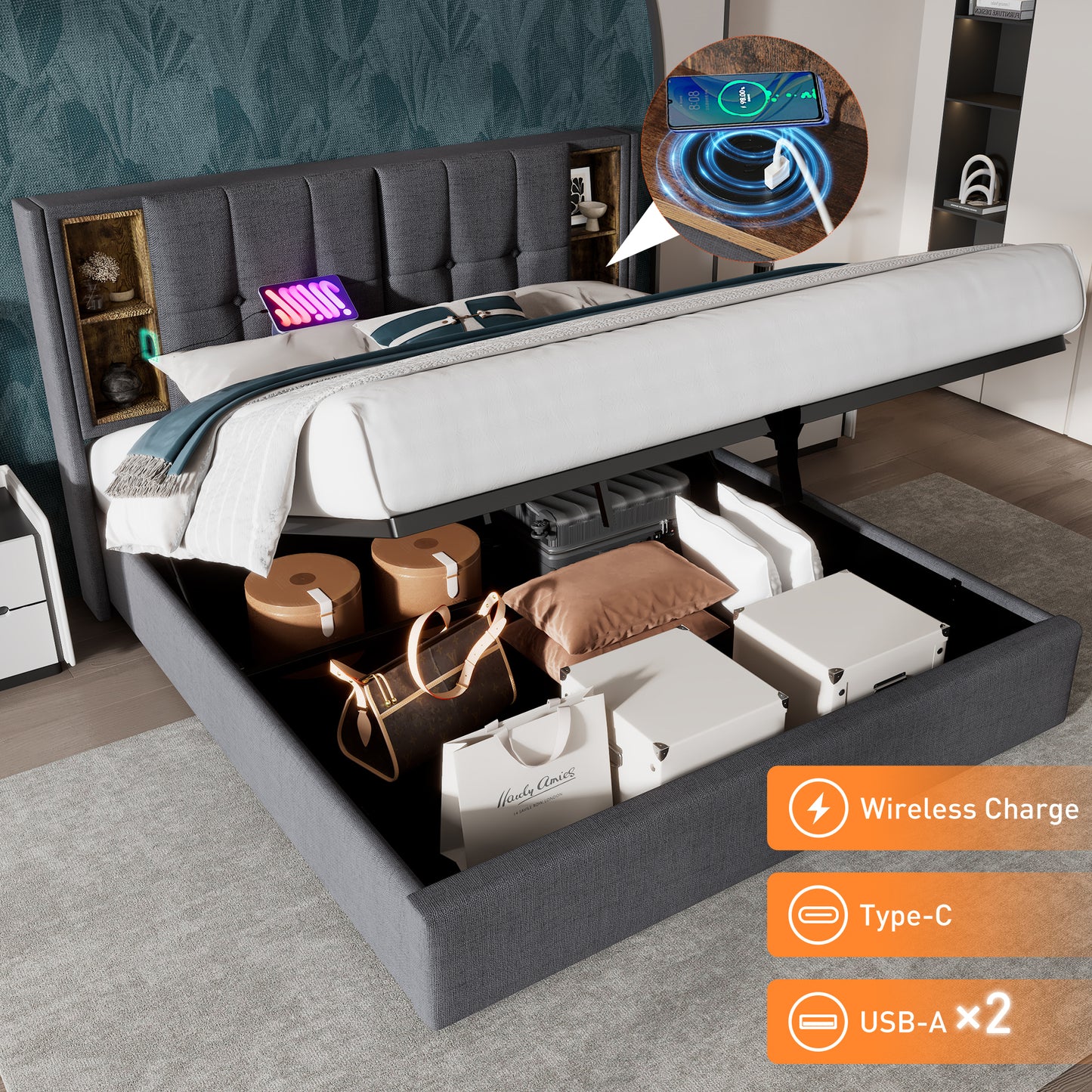 Double Bed With Wireless Charging USB C, Upholstered Bed Bed Frame 140x200cm, Bed Frame With Storage Slatted Frame Made Of Wood-grey Cotton  Without Mattress