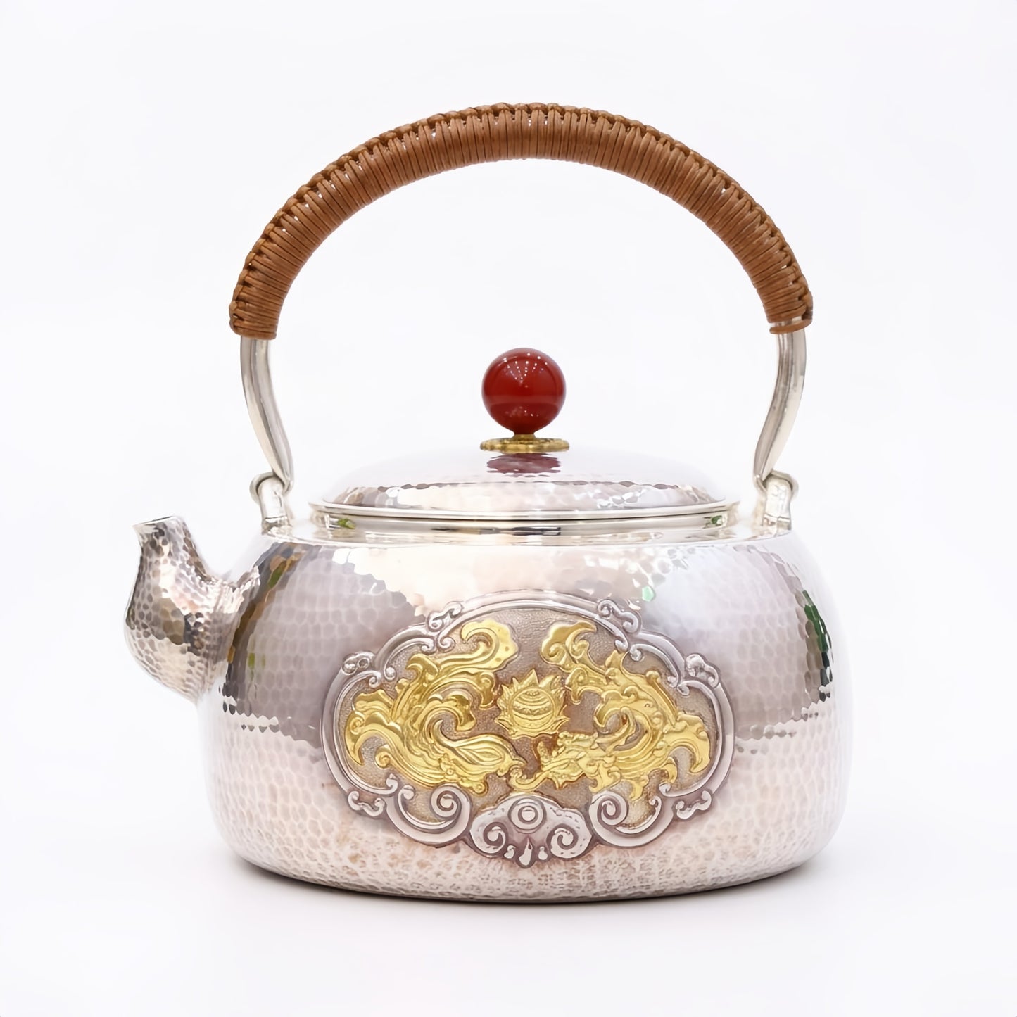 Pure 999 Fine Silver Hand-Hammered Silver Tea Kettle with Intricate Gilt Relief and Natural Rattan Handle - Handicraft
