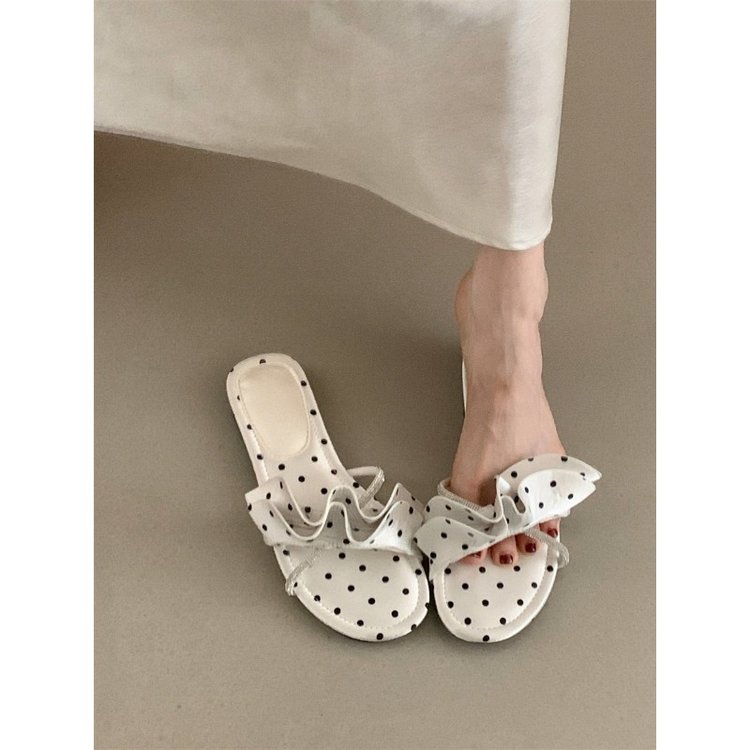 Wave Dot Straight Drag Women's Summer Outdoor Wear Flat Bottomed Rhinestone Thick Bottomed Beach Sandals Vacation Style