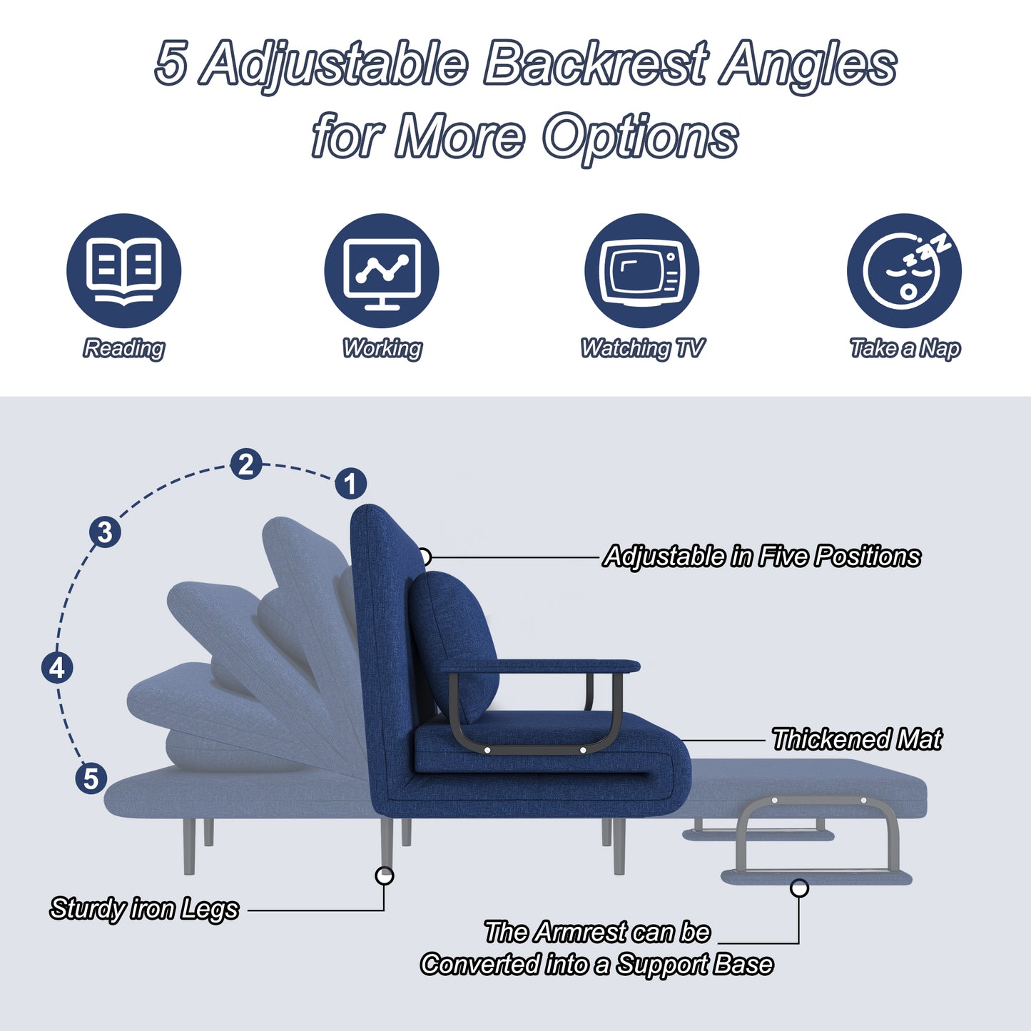 Folding Sofa Bed 3-in-1 Convertible Chair - 5-Position Adjustable Backrest With Pillow  Space-Saving Sleeper For Living Room  Bedroom & Office  Blue