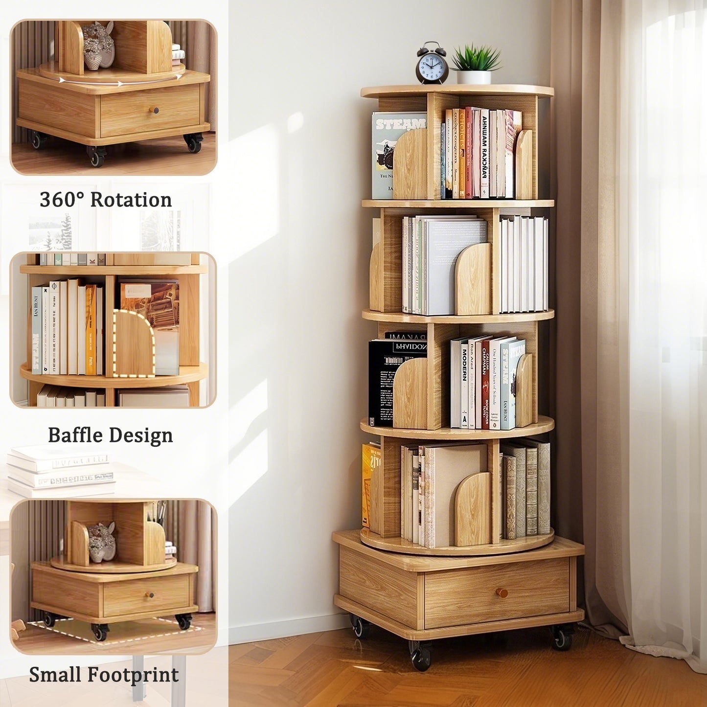 5 Tier Rotating Bookshelf,  Display Round Spinning Bookshelf With Wheels, Space-Saving, Small Space Rotating Bookshelf Tower For Bedroom, Living Room, Home, Office, Wood Color