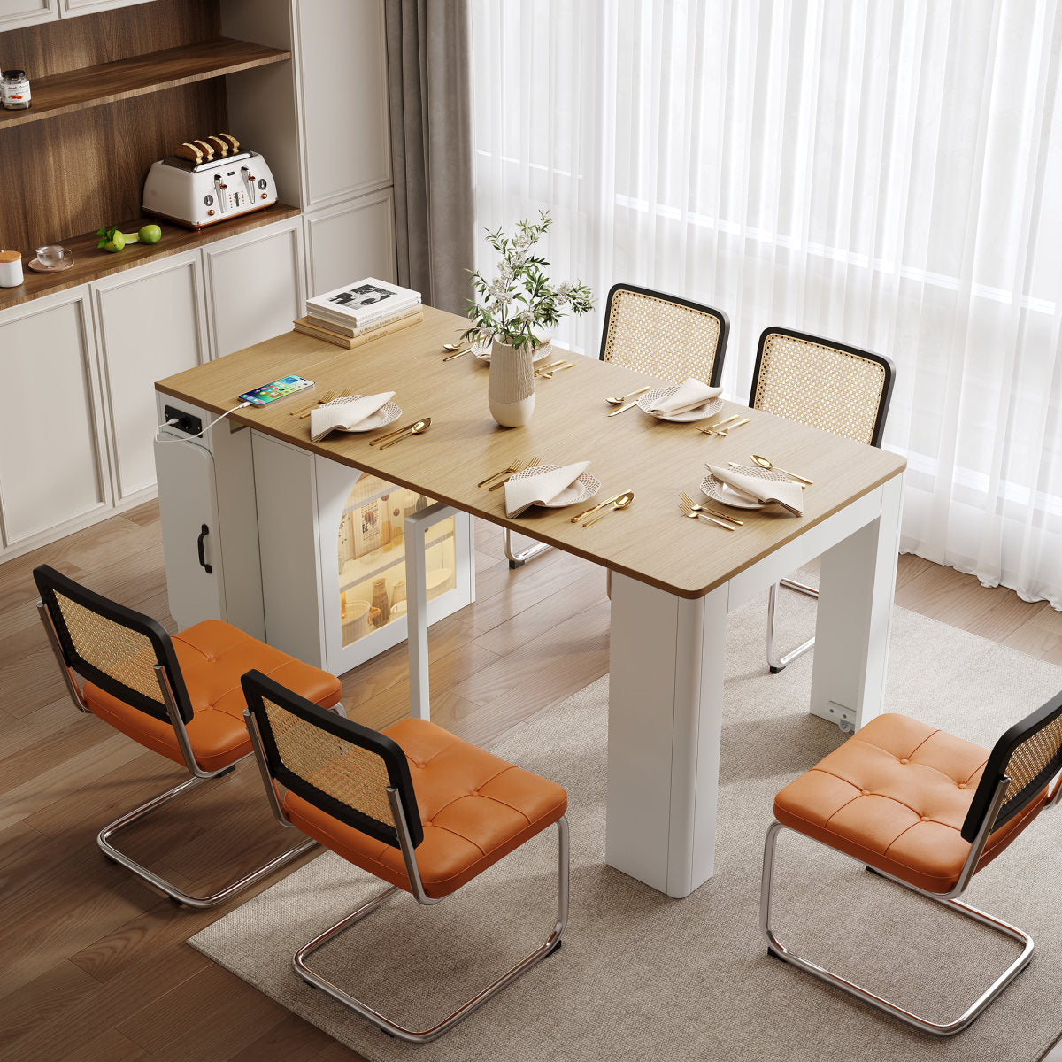 Kitchen Island With Wheels, Extendable Dining Table With Removable Table Top, Mobile Serving Trolley With Power Strips, Serves As A Sideboard, Sideboard Or Bar Table For Kitchen And Dining Room White