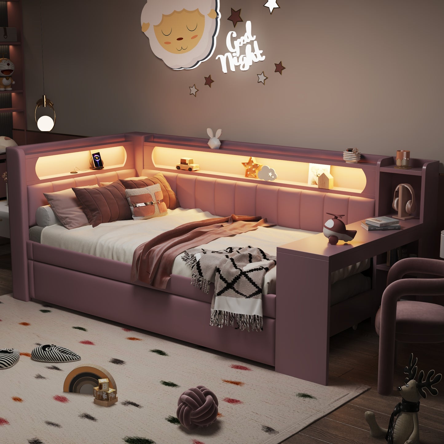 Padded 90x200 Daybed With USB Ports And LED Belt, With Trundle Bed And Desk, Pink