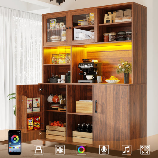 Tall Cabinets For The Living Room, Kitchen Cabinet, Dining Room Cabinet, Cabinets With LED Lighting, Cabinet Door With Snack Shelf, Retro Style, Walnut Color