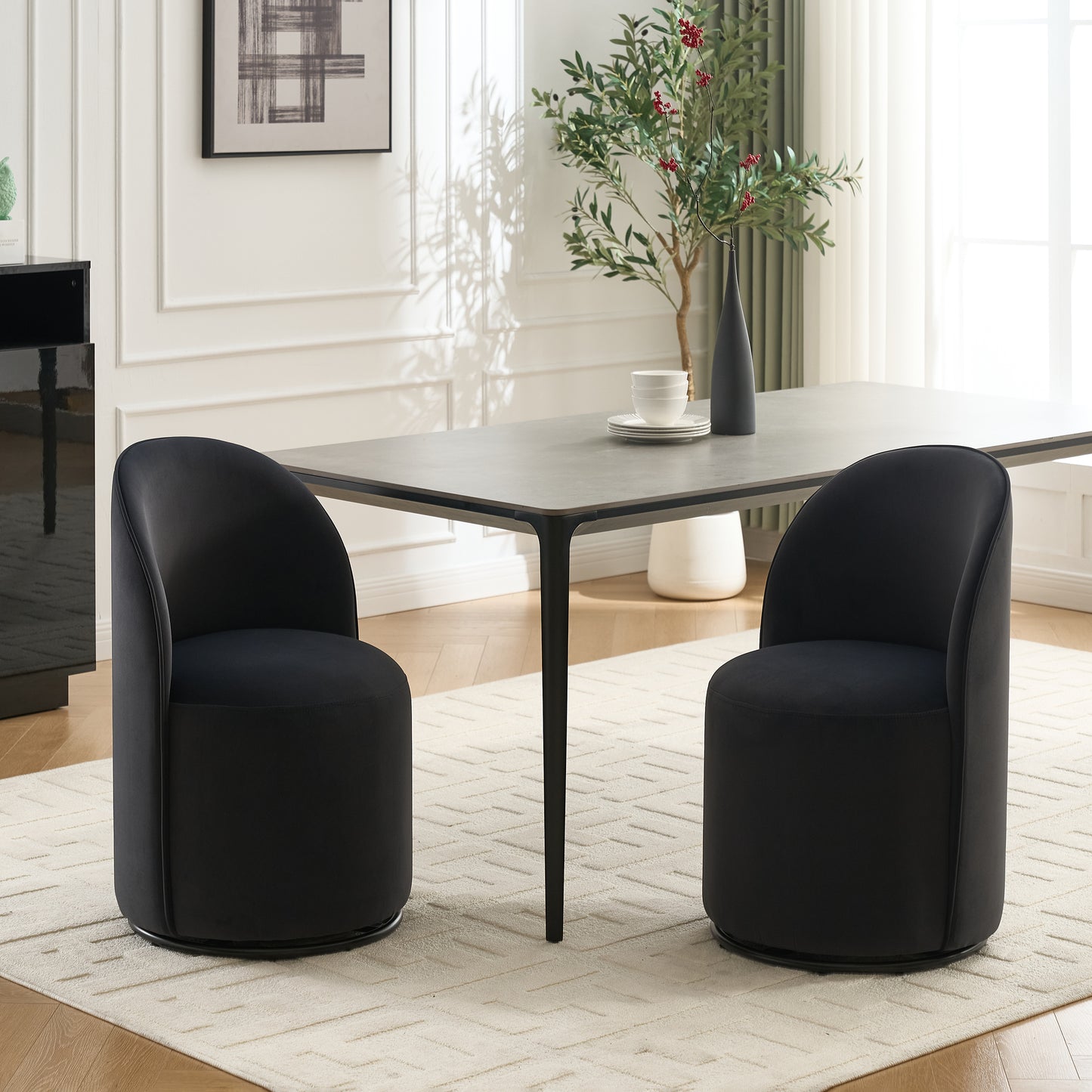 Set Of 1 Upholstered Kitchen & Dining Room Barrel Chair, Mid Century Modern Round Velvet Dining Chair, 360 Degree Swivel Comfy Armless Accent Makeup Vanity Side Chair For Bedroom Living Room