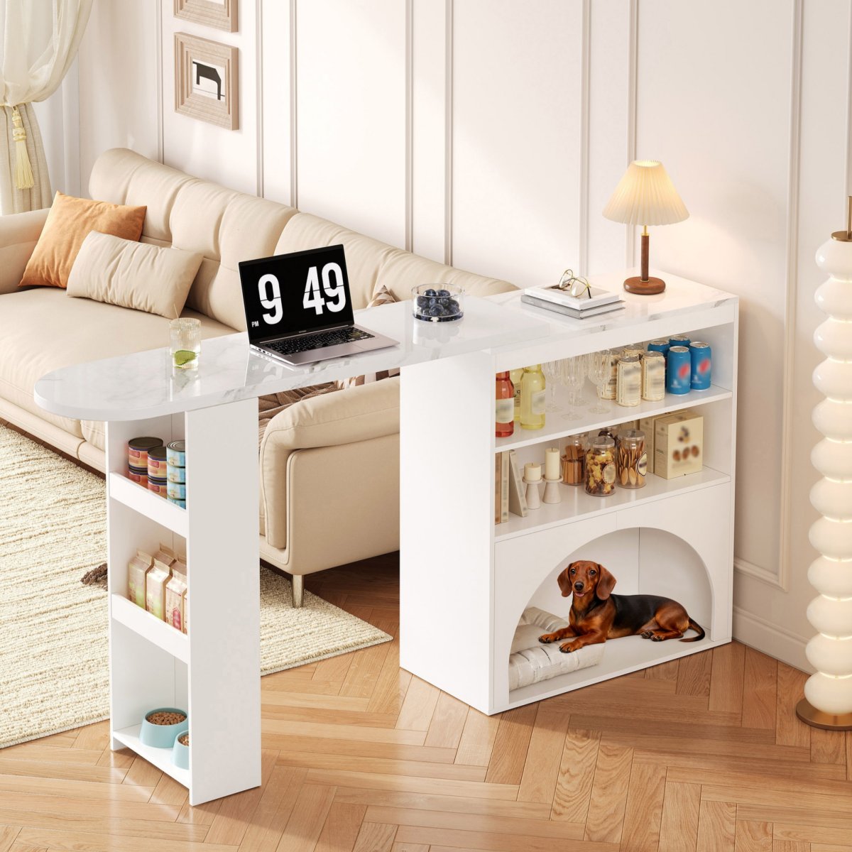 Modern Extendable Counter Table & Dining Table, Swivel High Small Counter Table  With Pet Area, Without Pet Food Plate & Pet Cushion, White, Marble Look Table Top, 120-80x40x100 Cm