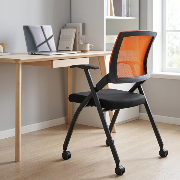 1 Pack Stackable Conference Room Chairs With Wheels,Folding Office Chair With Rebound Back,Padded Seat For Training Room,Guest,Reception,Event,Capacity 350lbs,Orange