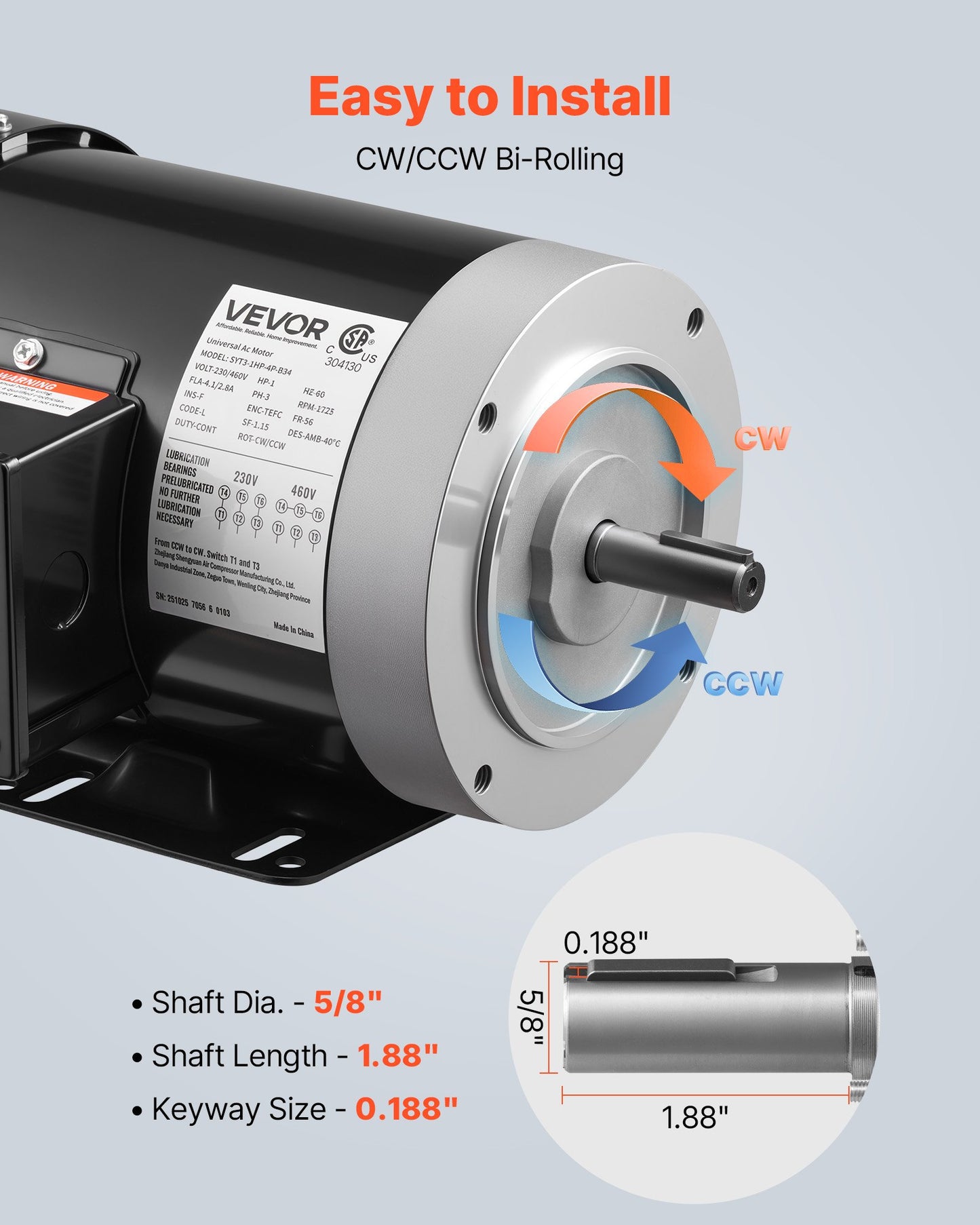 1 HP Electric Motor, 1725RPM Air Compressor Motor, CW/CCW Rotation, 5/8 Inch Shaft Diameter, 1.88inch Shaft Length, 4.1N.m Torque, Three-Phase, TEFC Cooling, 230V/460V, 56C Frame