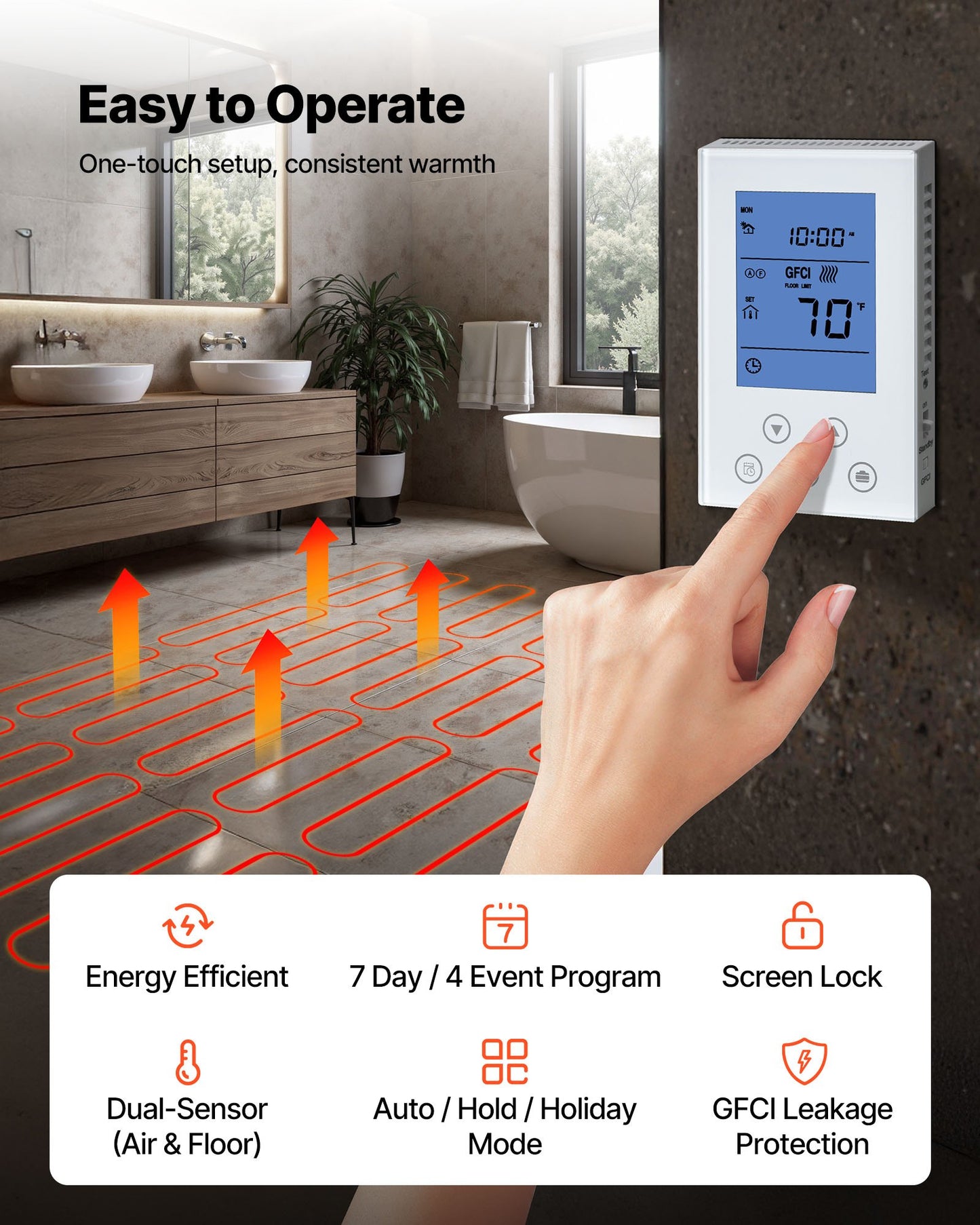 70 Sqft Self-Adhesive Mesh Floor Heating Mat System, 120V Electric Radiant Heated Floor System, With Smart Control Thermostat & Alarm, Easy Installation For Tile, Stone, Vinyl