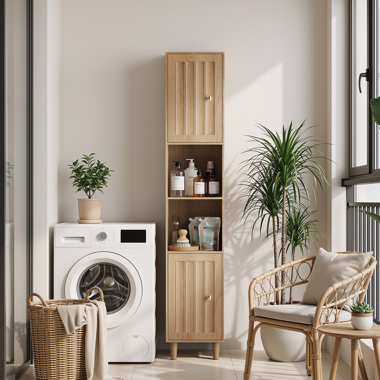 Tall Cabinet Washing Machine Cabinet, Bathroom Cabinet With Doors & Open Shelves, Narrow Wooden Storage Cabinet For Laundry Room, Balcony, Bathroom, Kitchen, Freestanding, Oak Look