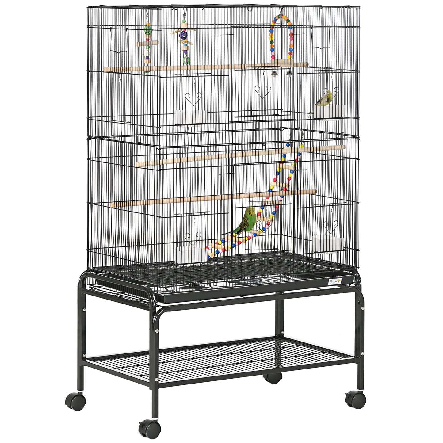 PawHut Large Bird Cage Budgie Cage With Stand, Toys, Wheels, Accessories, Storage Shelf For Canaries, Finches, Lovebirds, Parakeets - Black, 79 X 49 X 133 Cm