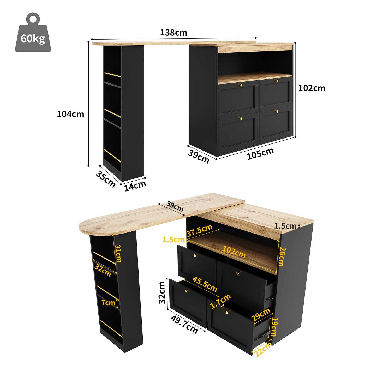 360 Swivelling Bar Table Main Body 105 X 39 X 102 Cm, With 4 Drawers And Open Shelves, Suitable For Dining Room Study Living Room Etc.