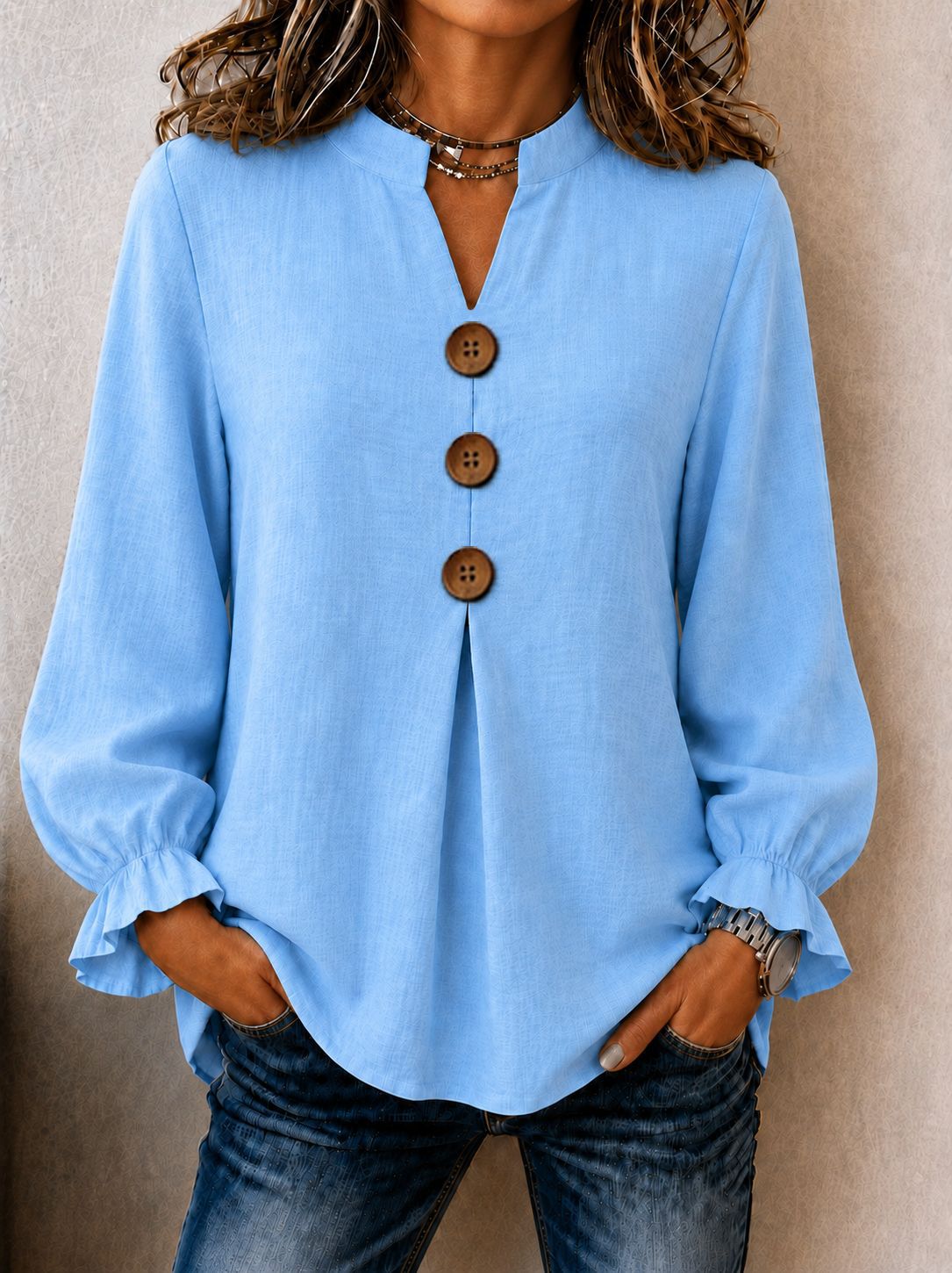 New Womens Fashion Long-sleeve V-neck Solid-color Button-up Top For Fall And Winter