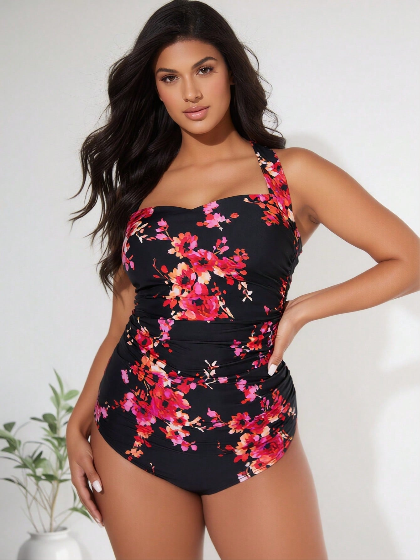 2026 New Plus Size Women's Black & Red Floral Halter Ruched One-Piece Swimsuit Tummy Control For Vacation
