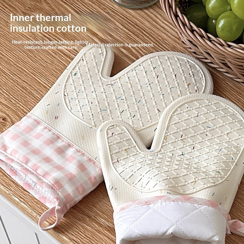 Cross-border Silicone Insulated Gloves Long-Style Two-Finger Heat-Resistant Non-Slip Kitchen Gloves With Cotton Lining
