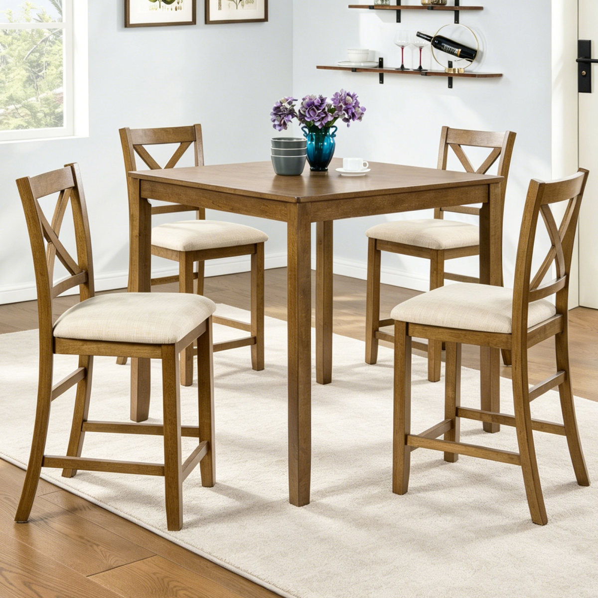 Oak Finish 5-Piece Counter Height Dining Set – Square Table & 4 X-Back Chairs, Solid Wood Frame, Waterproof Surface, Easy Assembly – Perfect for Small Spaces, Kitchen, Apartment or Breakfast Nook