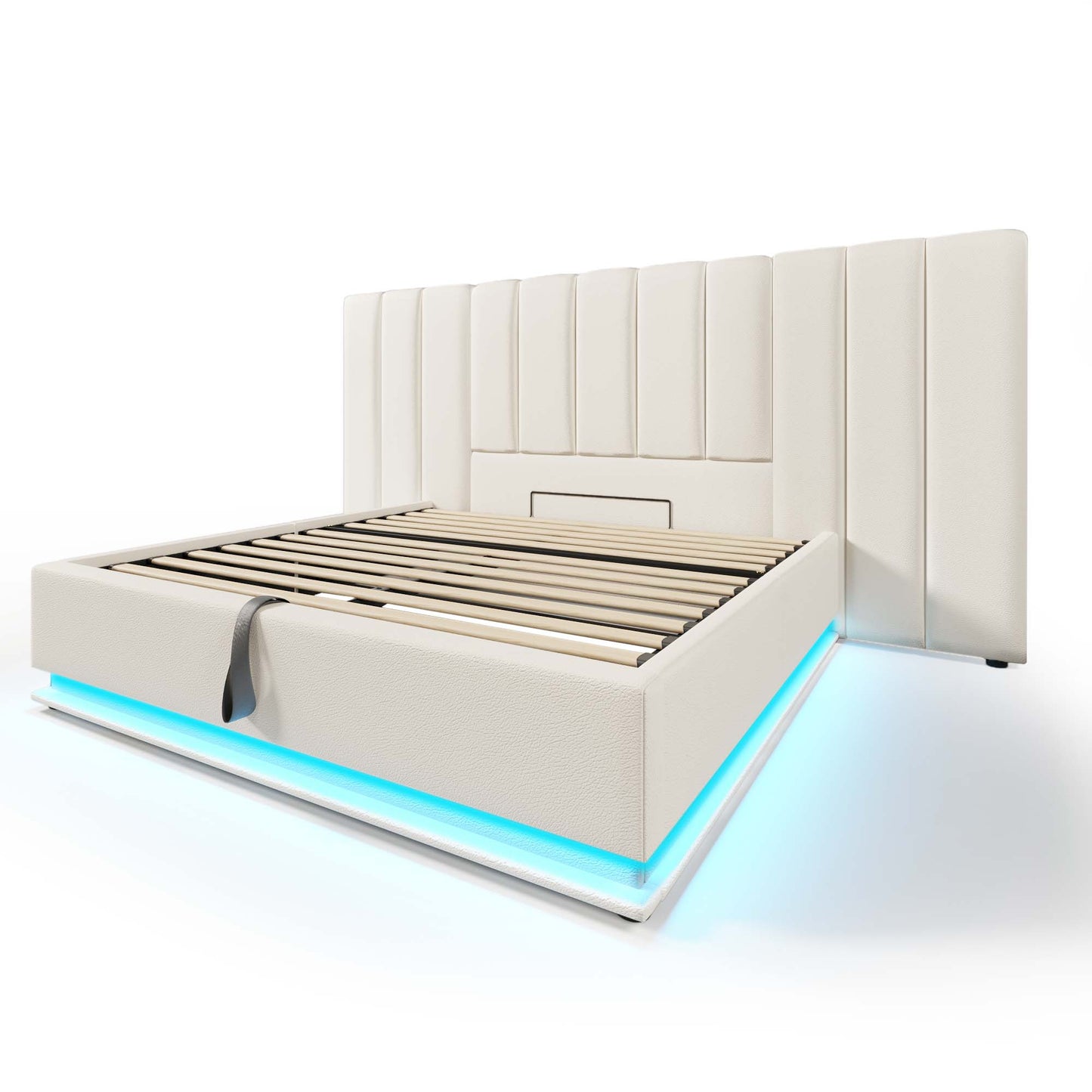 Upholstered Bed 160x200, Double Bed Storage Bed With App Control LED And USB-C Charging Function, Bed Frame With Slatted Frame, PU, White, Without Mattress And Bedside Table