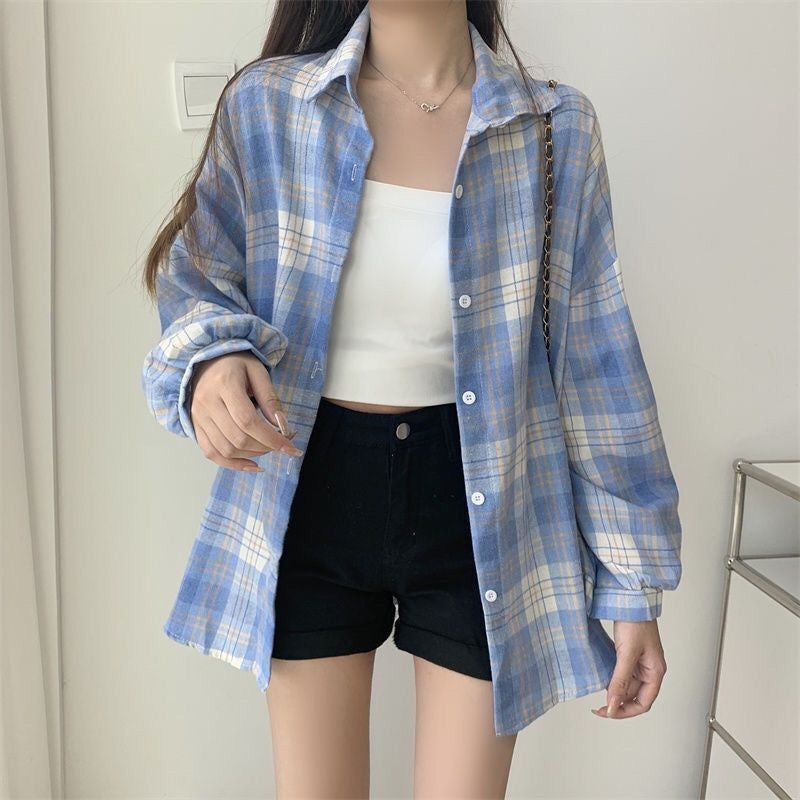 Loose-fitting Korean-style Plaid Shirt For Women