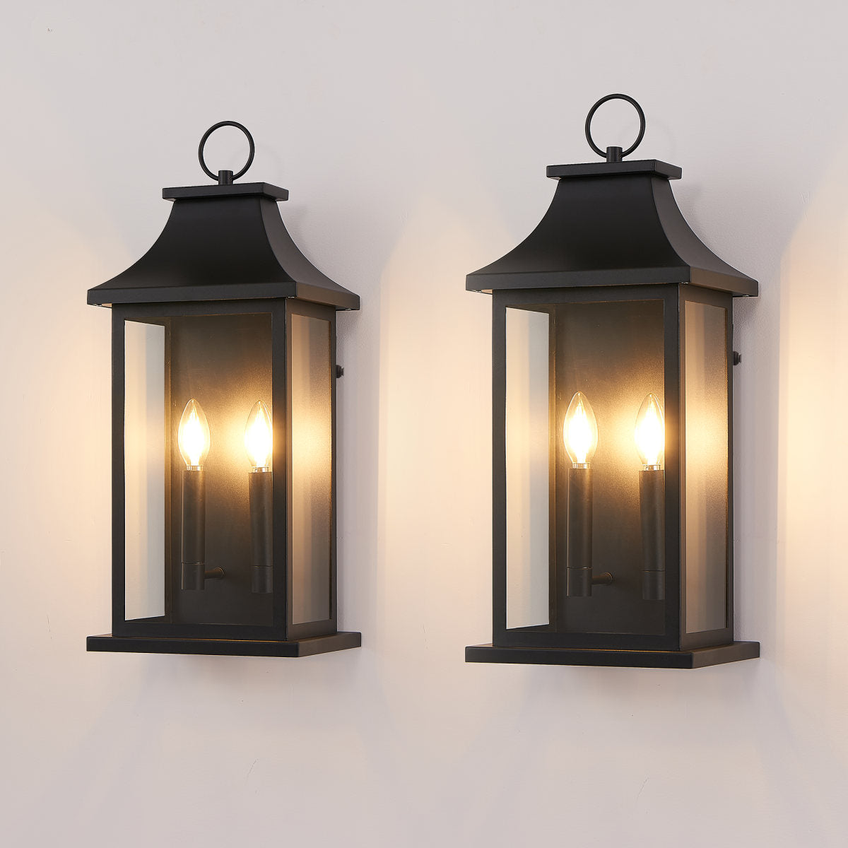2-Pack Dusk to Dawn Outdoor Wall Lantern 2-Light, 22.2" Large Outside Wall Sconce, Modern Black Wall Light Fixture with Glass, Waterproof Exterior Lamp for House, Porch, Garage