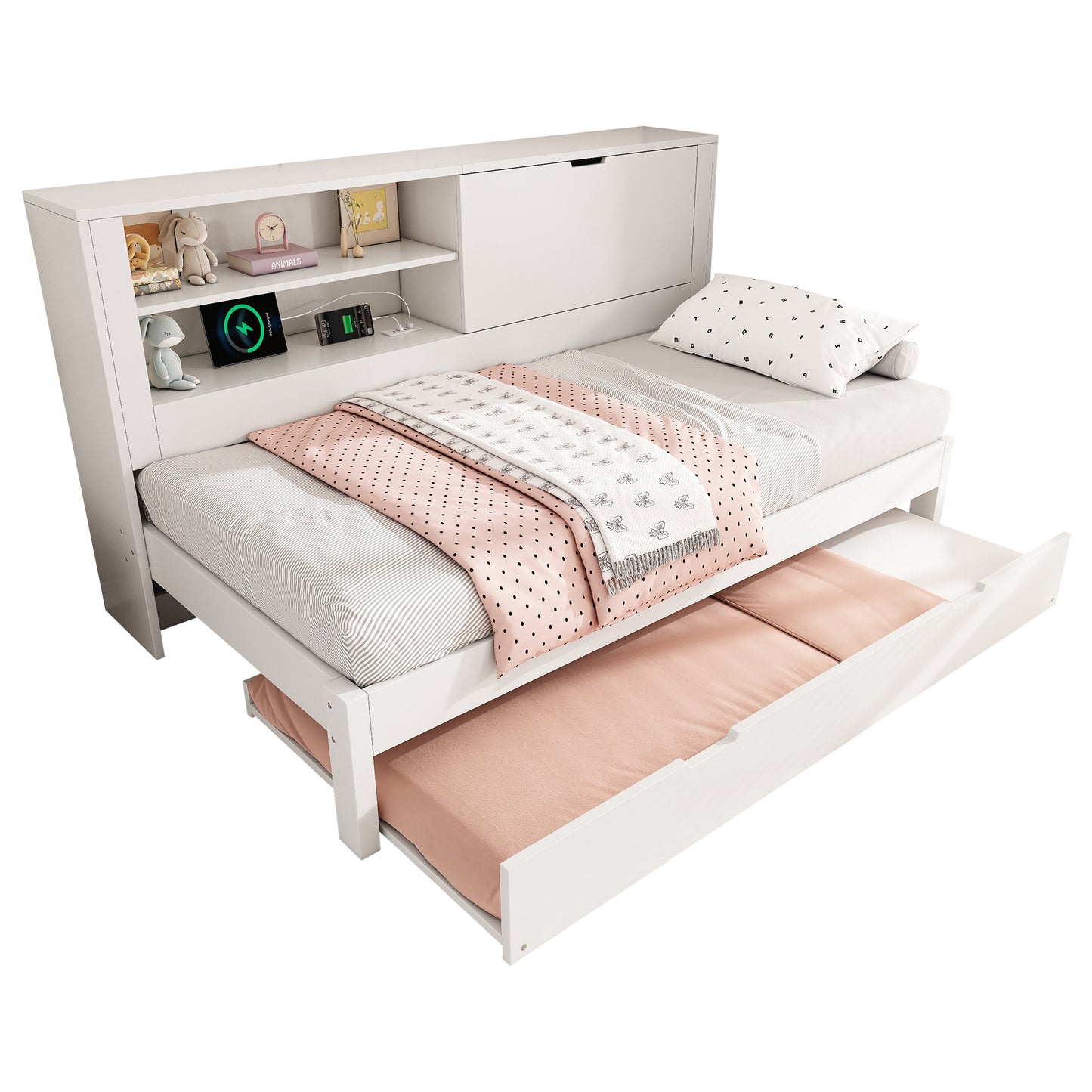 Sofa Bed Single Bed 90x190 Cm With Pull-out Bed 90x190, White Bed Frame With Storage Back Panel, Open Compartment, Concealed Folding Storage Space, USB-USB-C Charging Station, Slatted Base, Without Ma