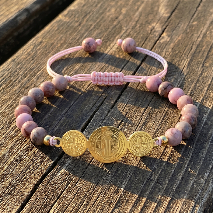 St. Benedict Medal Protection Bracelet - 18K Gold Plated Stainless Steel Natural Tiger's Eye Rhodonite Stone Beads - Adjustable Religious Gift For Men Women