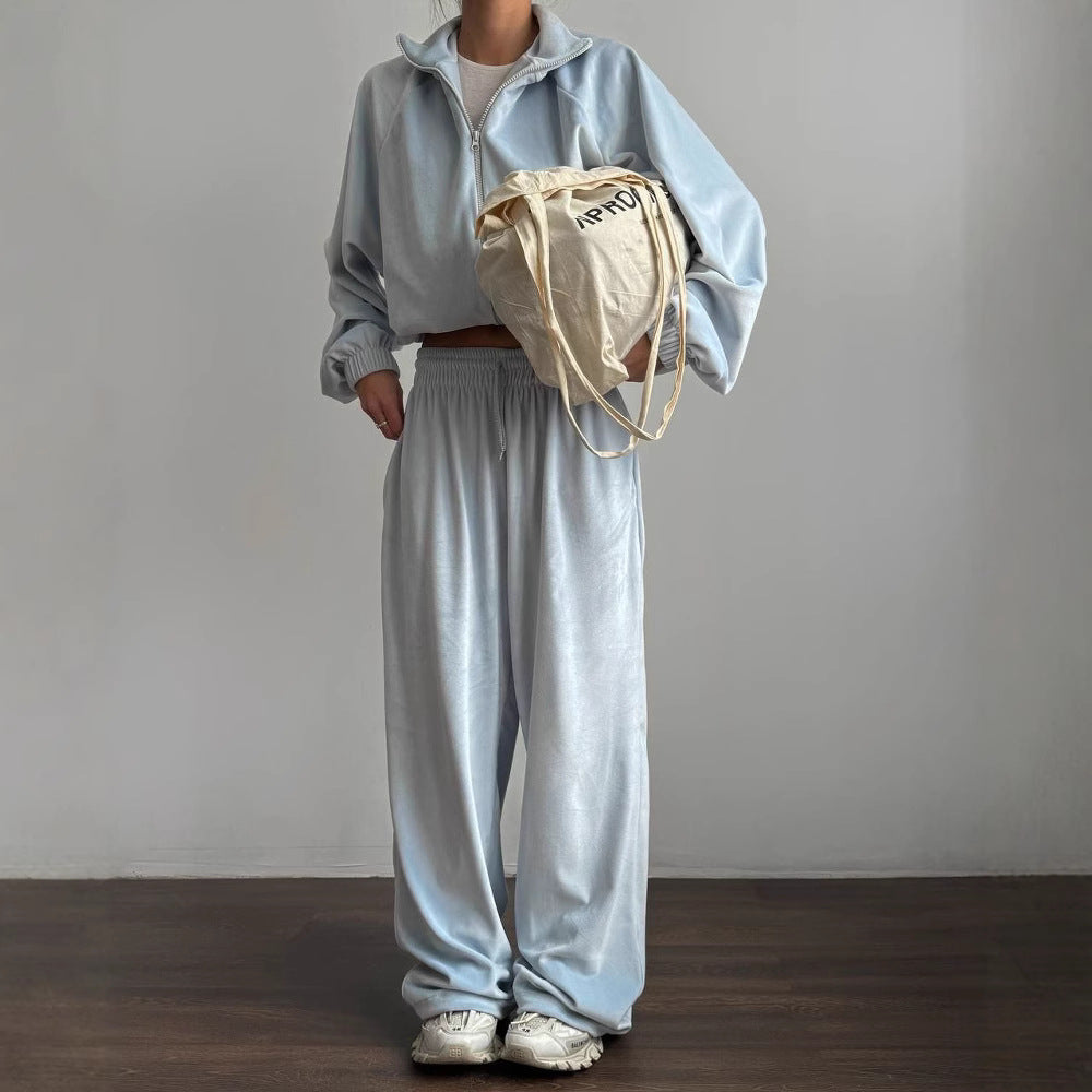 New Casual Womens Set Solid-color Long-sleeve Zip-up Cardigan And Sweatpantstwo-piece Set