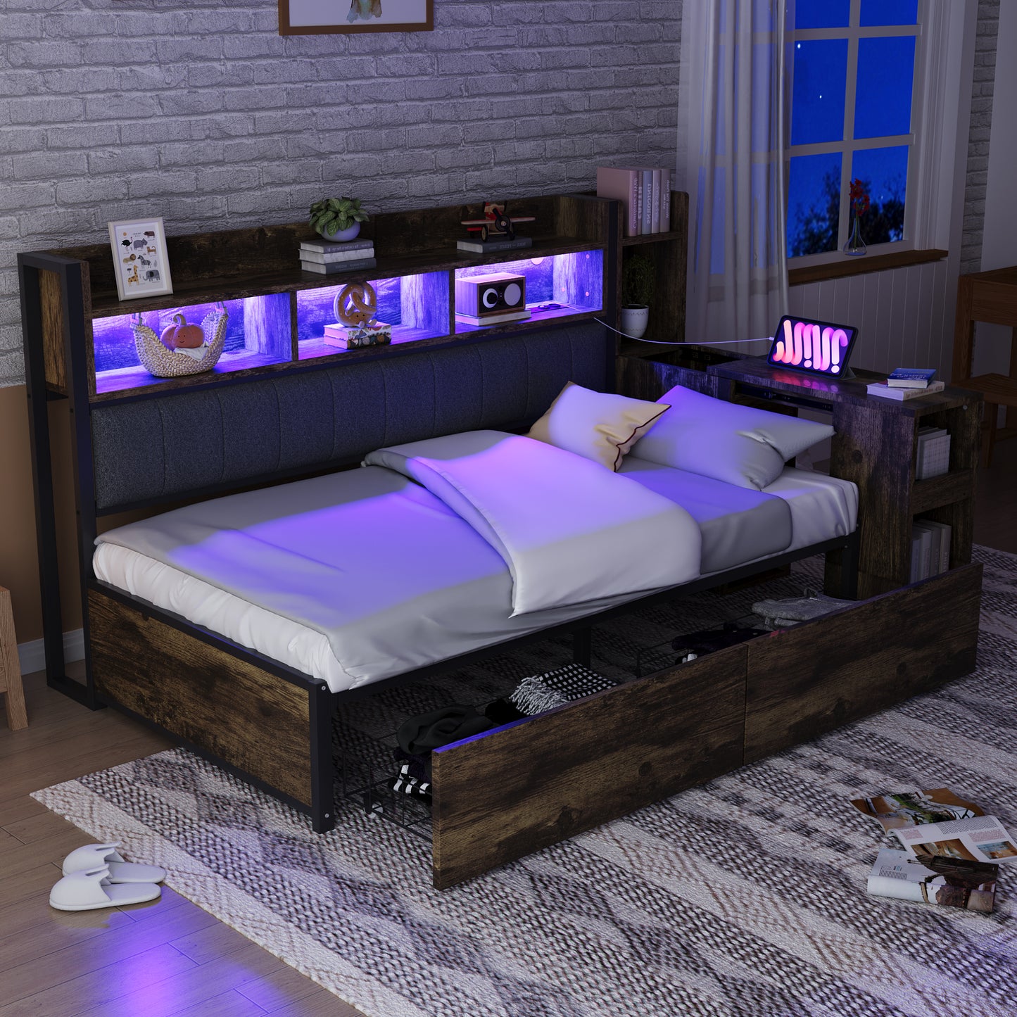 Iron Sofa Bed 90 X 200 Cm, With Versatile Storage Compartments & Lockers, Multifunctional Sockets & LED Lighting, Complete With Large Drawers And A Pull-out Desk