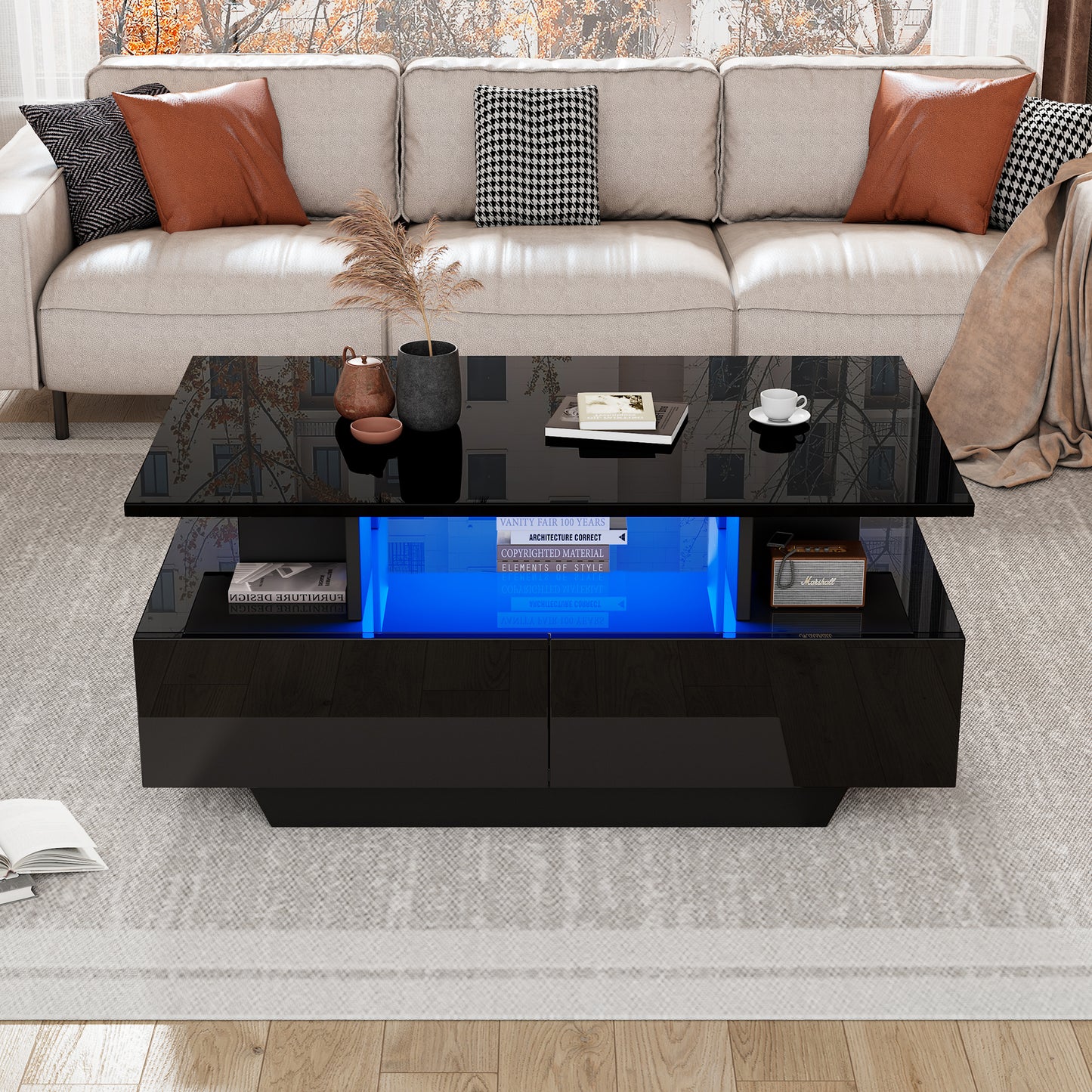 Modern High-gloss Coffee Table With LED Lighting And 2 Drawers  Stylish 90x55x41 Cm Side Table With Storage, Loadable Up To 30 Kg
