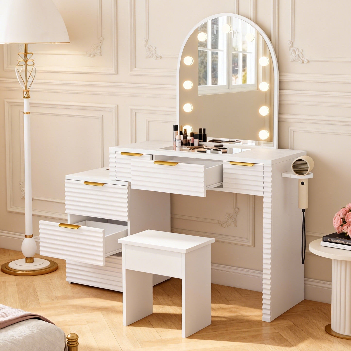 Makeup Vanity Desk With Mirror Lights Glass Tabletop 3 Lighting Modes Adjustable Vanity Table Modern Makeup Desk With Chair Power Outlet And 6 Drawers For Bedroom