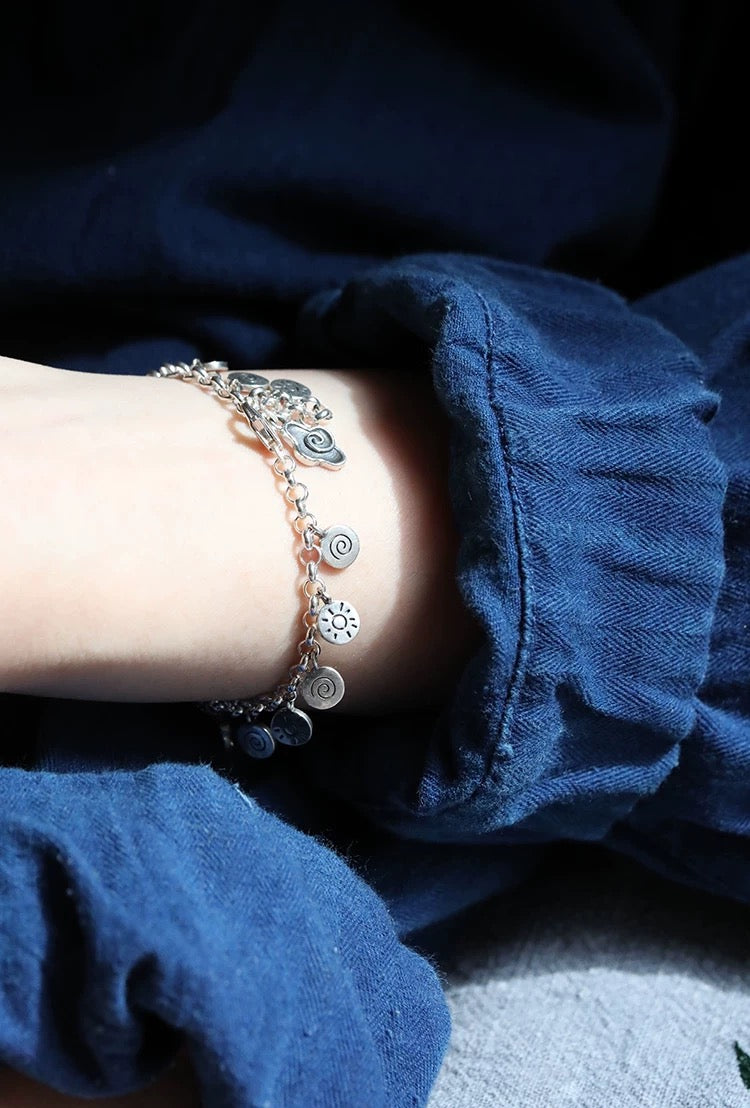 1pc 999 Sterling Silver Sun & Cloud Charm Bracelet, Retro Style, Perfect For Daily Wear And Valentine's Gift
