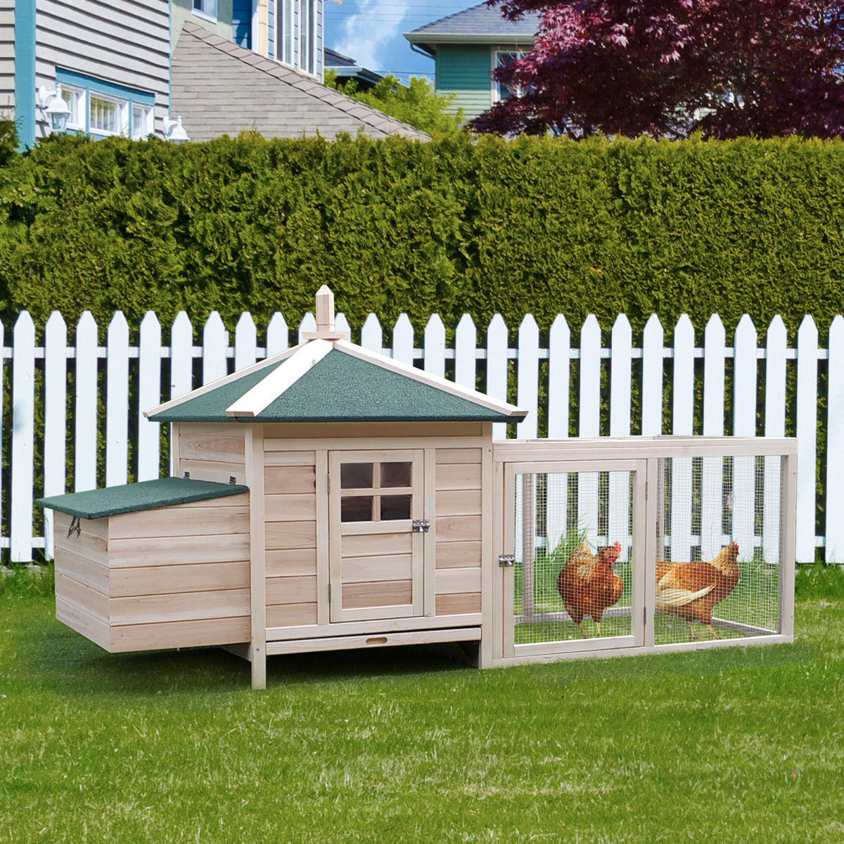 PawHut Chicken Coop Small Animal Pet Cage W/ Nesting Box Outdoor Run Backyard Wooden
