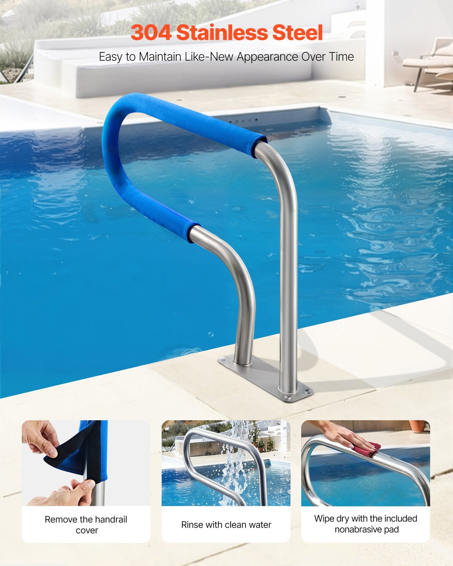 Pool Rail, 31 X 22 Inch Pool Handrail, 220 Lbs Load Capacity Heavy Duty 304 Stainless Steel Swimming Handrail, Detachable Nonslip Sleeve, Rich Accessories, For Poolside, Water Parks， Spa Centers