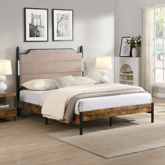 Queen  Bed Frame , Upholstered Headboard  With Charging  And Touch Sensitive LED Lights, Under Bed Storage, No Box Spring Needed,Noise Free