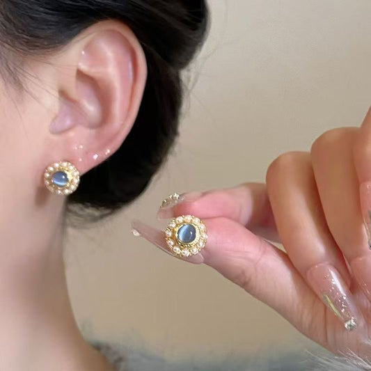 Blue Cat's Eye Stone & Pearl Stud Earrings For Women, Unique Vintage Drop Ear Jewelry, Premium Autumn Winter Clip On Earrings For Non-Pierced Ears