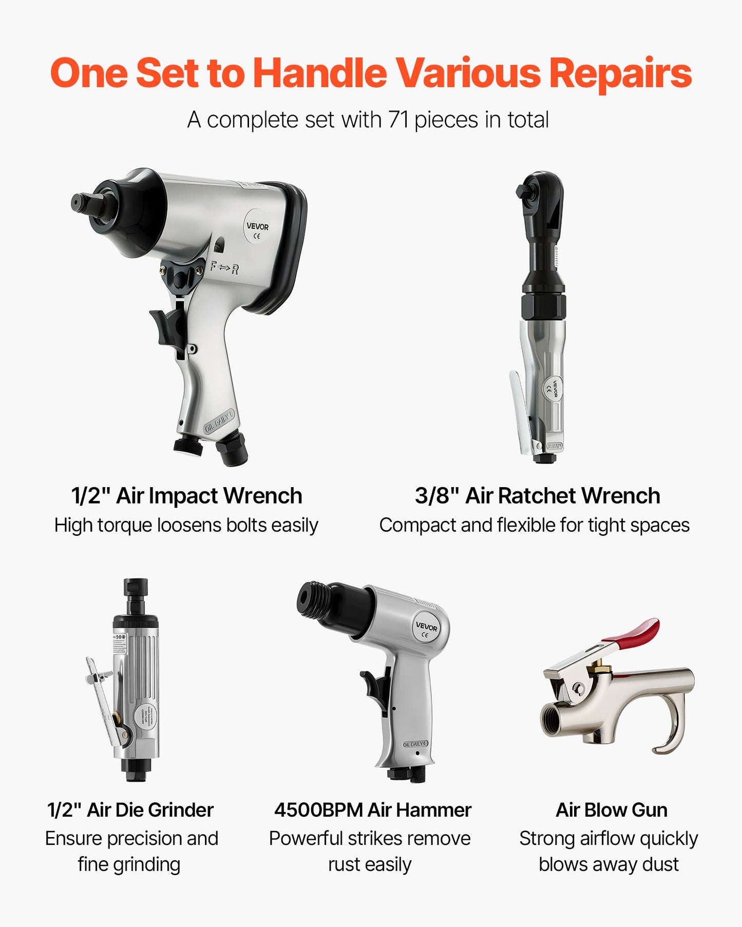 71 Pieces Pro Air Tool And Accessories Kit - 1/2" Air Impact Wrench, 3/8" Ratchet Wrench, 1/2" Die Grinder, 4500BPM Hammer, Blow Gun For Auto Repair, Home DIY Project - Storage Case Included