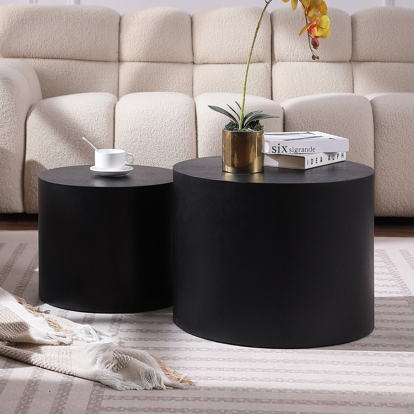 MDF With Ash Oak Walnut Veneer Side Table Coffee Table End Table Nesting Table Set Of 2 For Living Room,office,bedroom Black