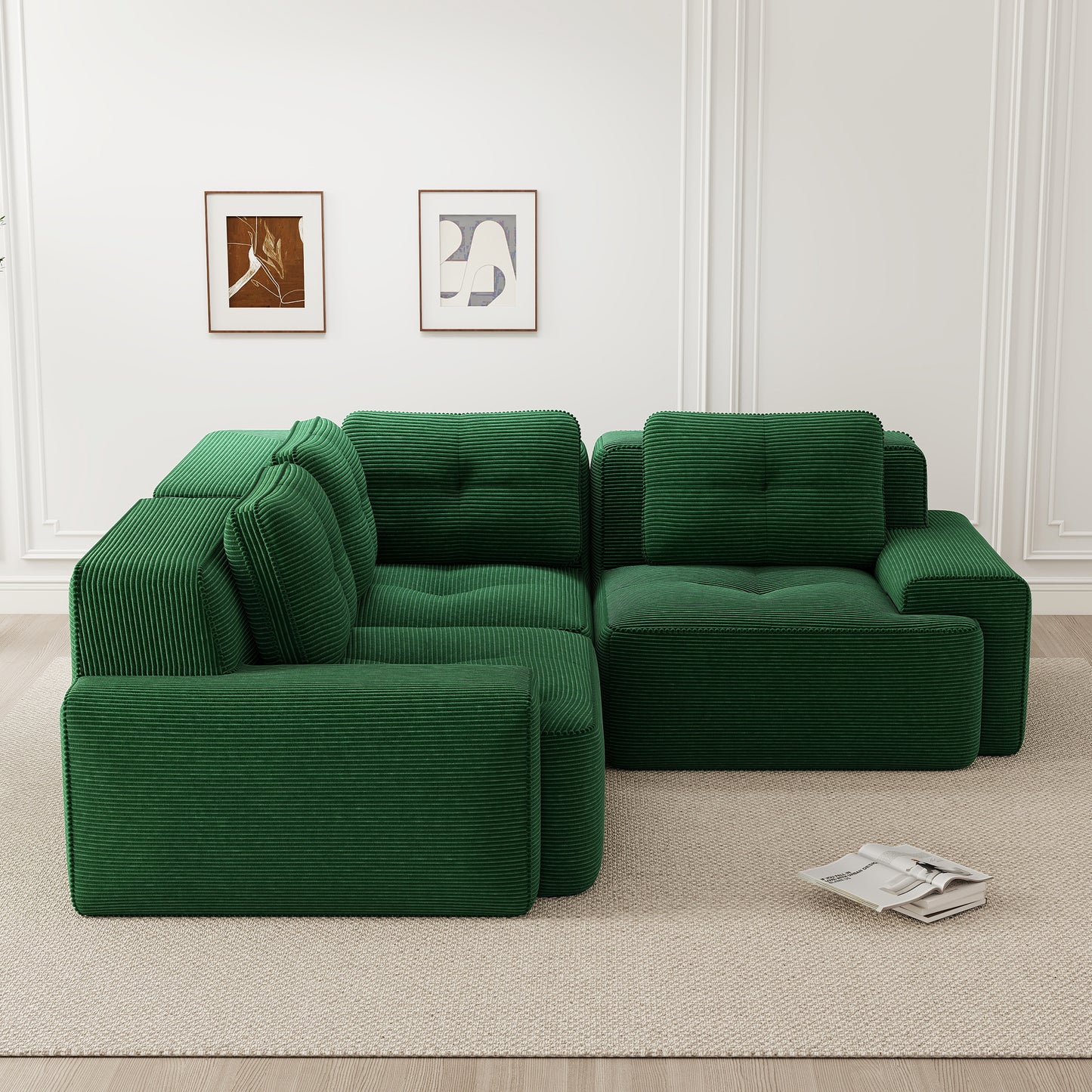 Frameless Sofa For Living Room, Office Sofa, Modular Combination Sofa, Comfortable Upholstered Corduroy Fabric Low-seat Sofa, No Assembly Required, Non-slip Design.Green