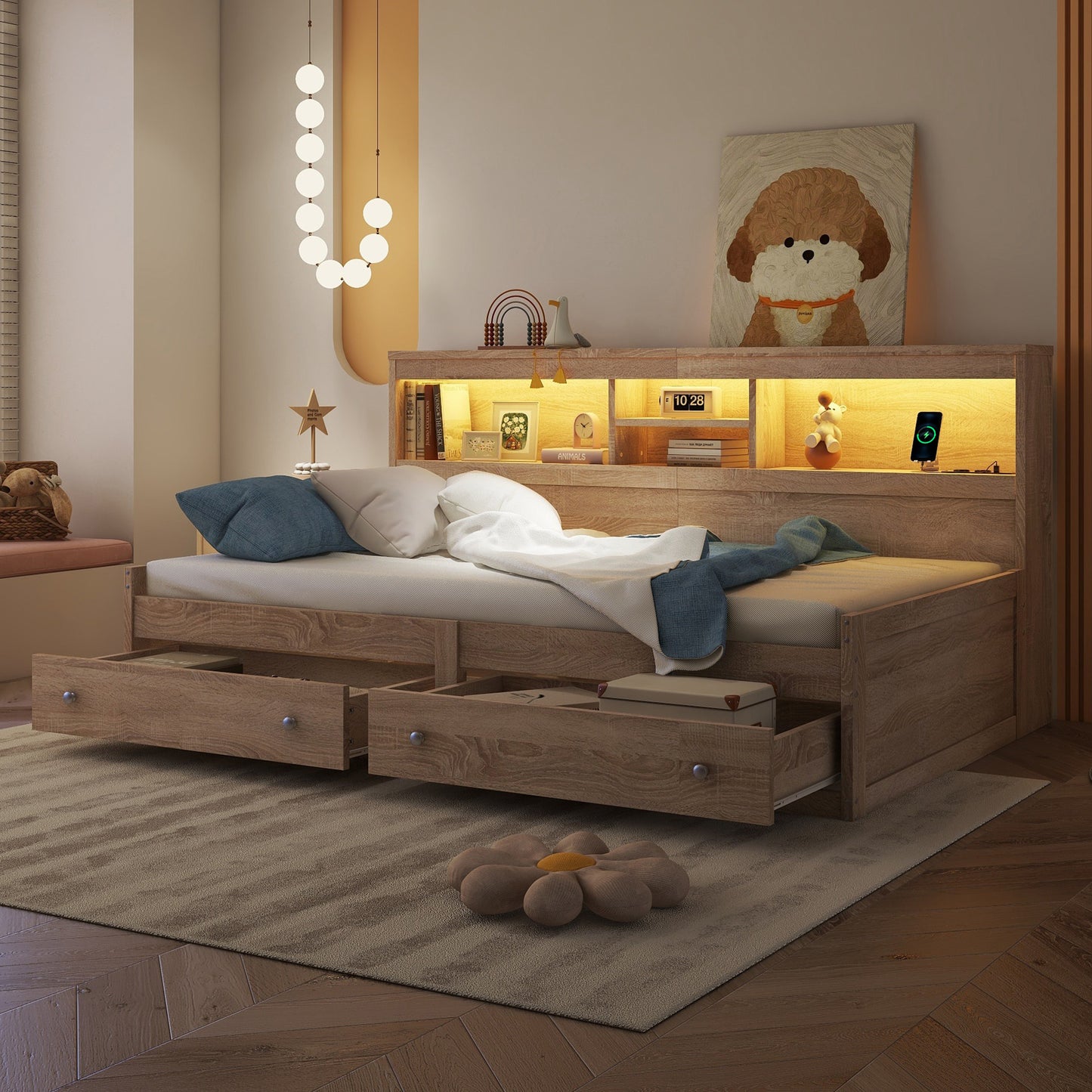 Daybed, 90x200cm Daybed, Sofa Bed, Bedside Table, Bed With 2 USB And 2 Charging Sockets, Ambient Lighting, Bed With Two Drawers, Bed With Slatted Base  Without Mattress , Chipboard, Natural