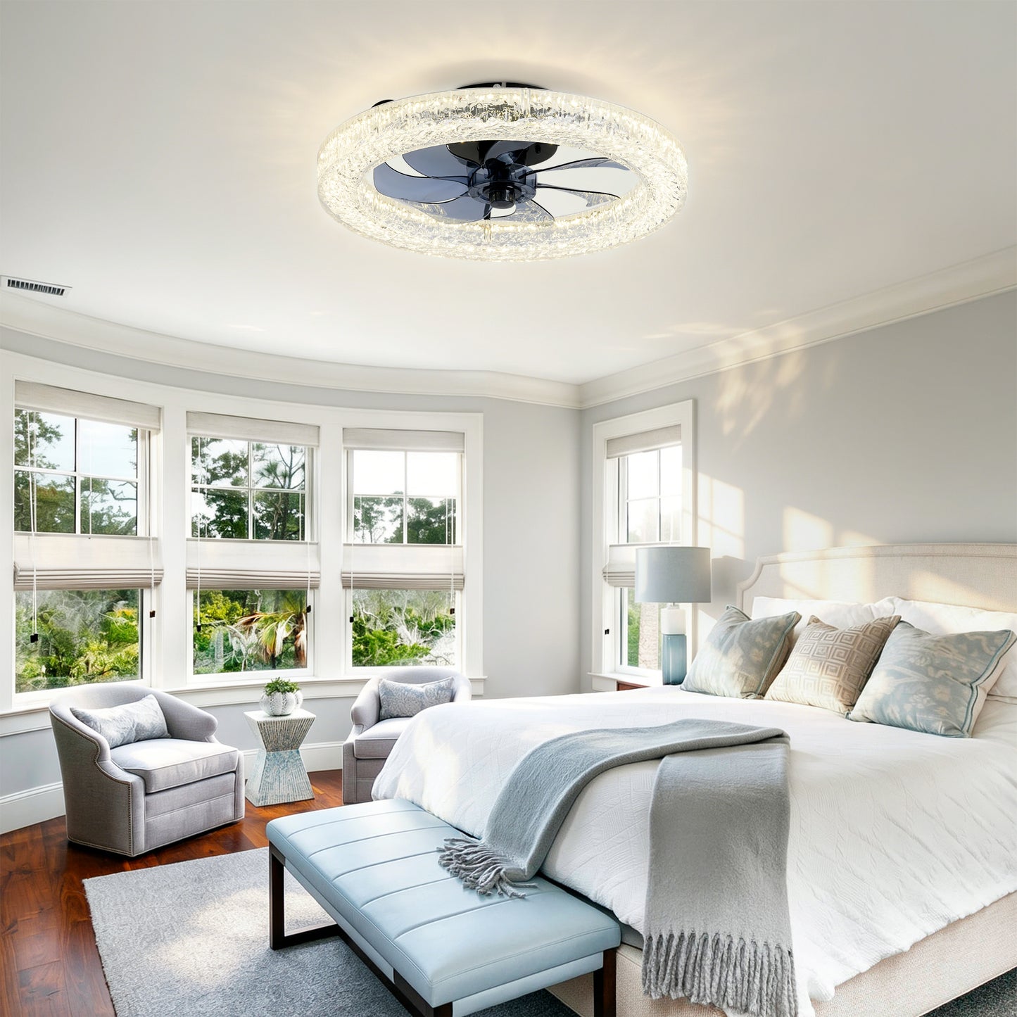 Acrylic Ice Brick Fan Light ,LED Light Source And Remote Control, 3000-6500K Dimmable Modern Flush Mount LED Fan Light, 6 Speeds, Quiet DC Motor For Living Room, Bedroom,Kitchen----Matte Black
