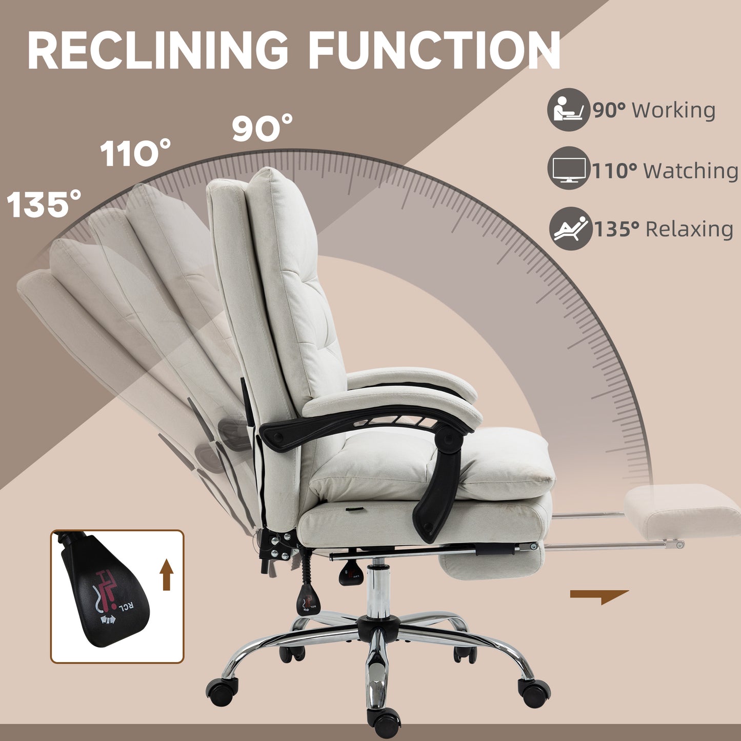 Microfibre Executive Massage Office Chair, Computer Desk Chair, Reclining Chair with Footrest, Double-tier Padding, Swivel Wheels, Cream White