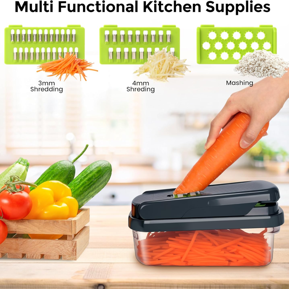 Vegetable Chopper, 12 In 1 Food Veggie Chopper Cutter With Container  7 Sharp Blades Dice, Slice, Shred And Grate For Salads, Onions And Meal Prep With A Non-Slip Base And Drain Basket