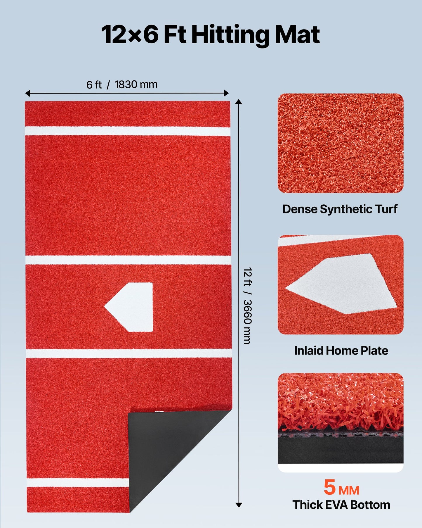 Baseball Hitting Mat, 12x6 Ft Batting Cage Mat, Batters Box Turf Mats, Softball Batting Practice Equipment With Home Plate And Anti Fade Turf, Portable Training Aid For Indoor Outdoor, Red