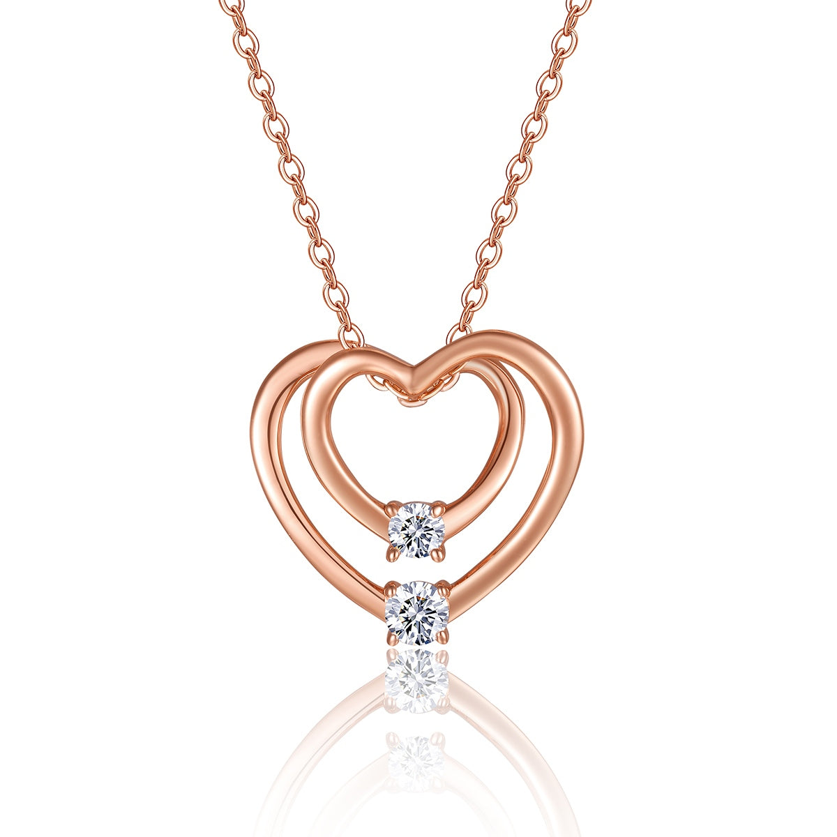 S925 Sterling Silver Rose Gold Double Heart Necklace, D-VVS1 Moissanite Pendant, 40&455cm Adjustable Chain, Women's Jewelry Gift Box With GRA Certificate
