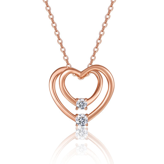 S925 Sterling Silver Rose Gold Double Heart Necklace, D-VVS1 Moissanite Pendant, 40&455cm Adjustable Chain, Women's Jewelry Gift Box With GRA Certificate