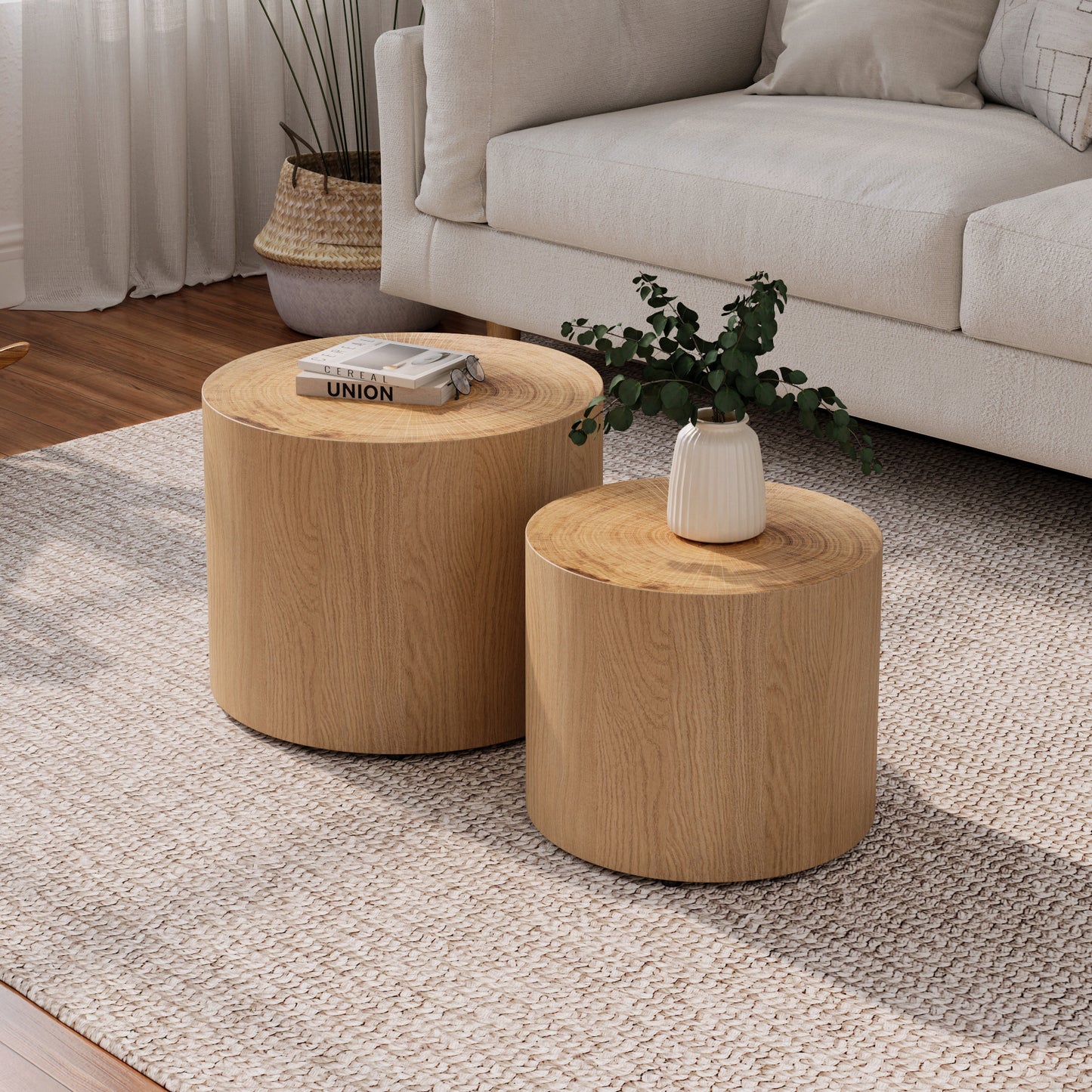 Nesting Coffee Table Set Of 2, Modern Round Coffee Table, Wooden Circle Accent Tables For Small Spaces Living Room Bedroom Balcony Office Drum Side Table, Natural Wood With Real Tree Ring