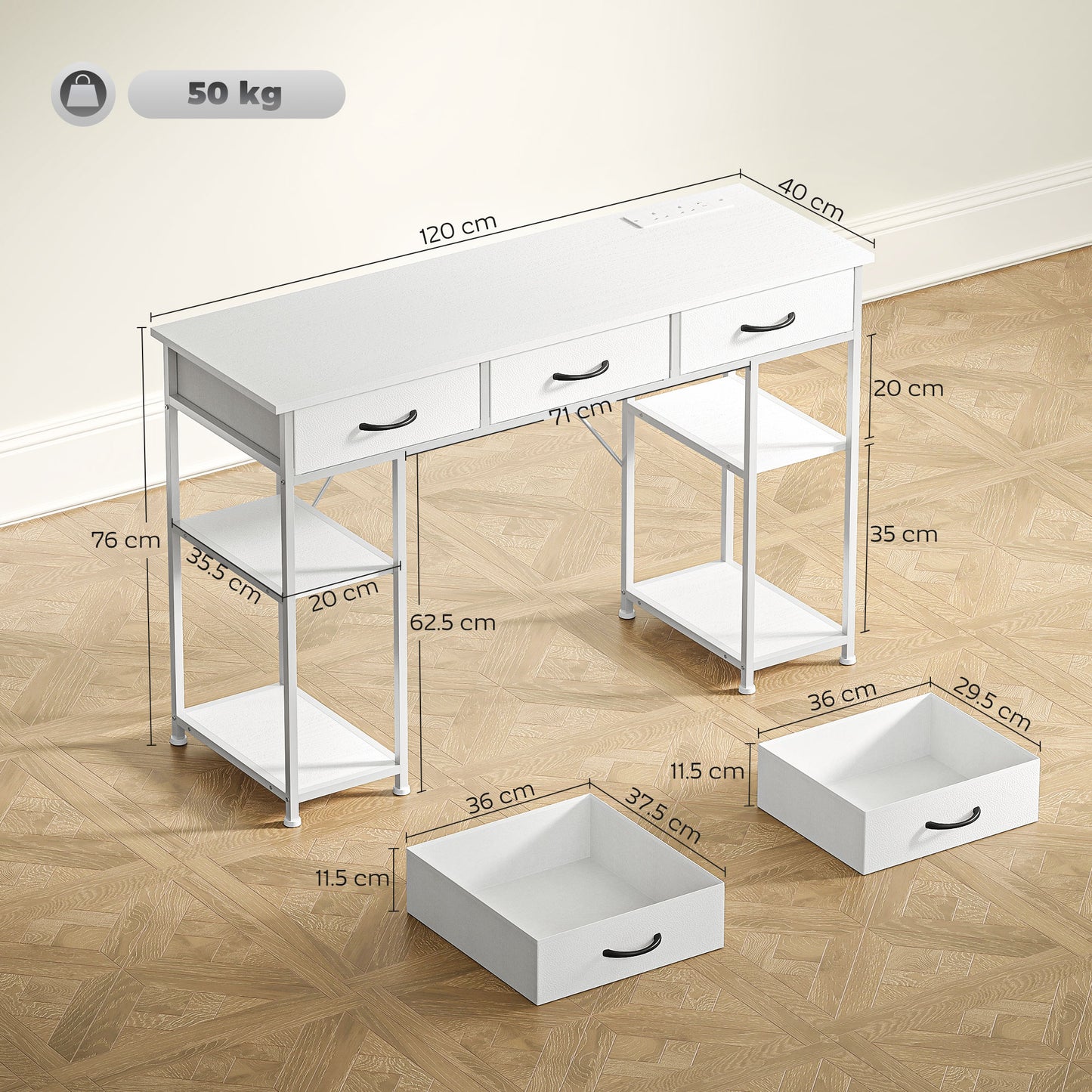 120cm Computer Desk With Power Outlets, Office Desk Study Table With 3 Fabric Drawers And 4 Storage Shelves, White