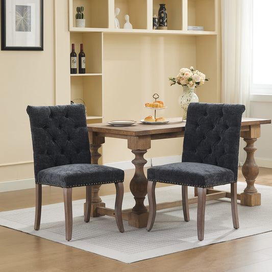 Upholstered Chenille Fabric Accent Dining Chair, Curved Solid Wood Legs, Elegant Tufted Club Dining Room Kitchen Room Dining Chair, Set Of 2,Black,SW1894BK